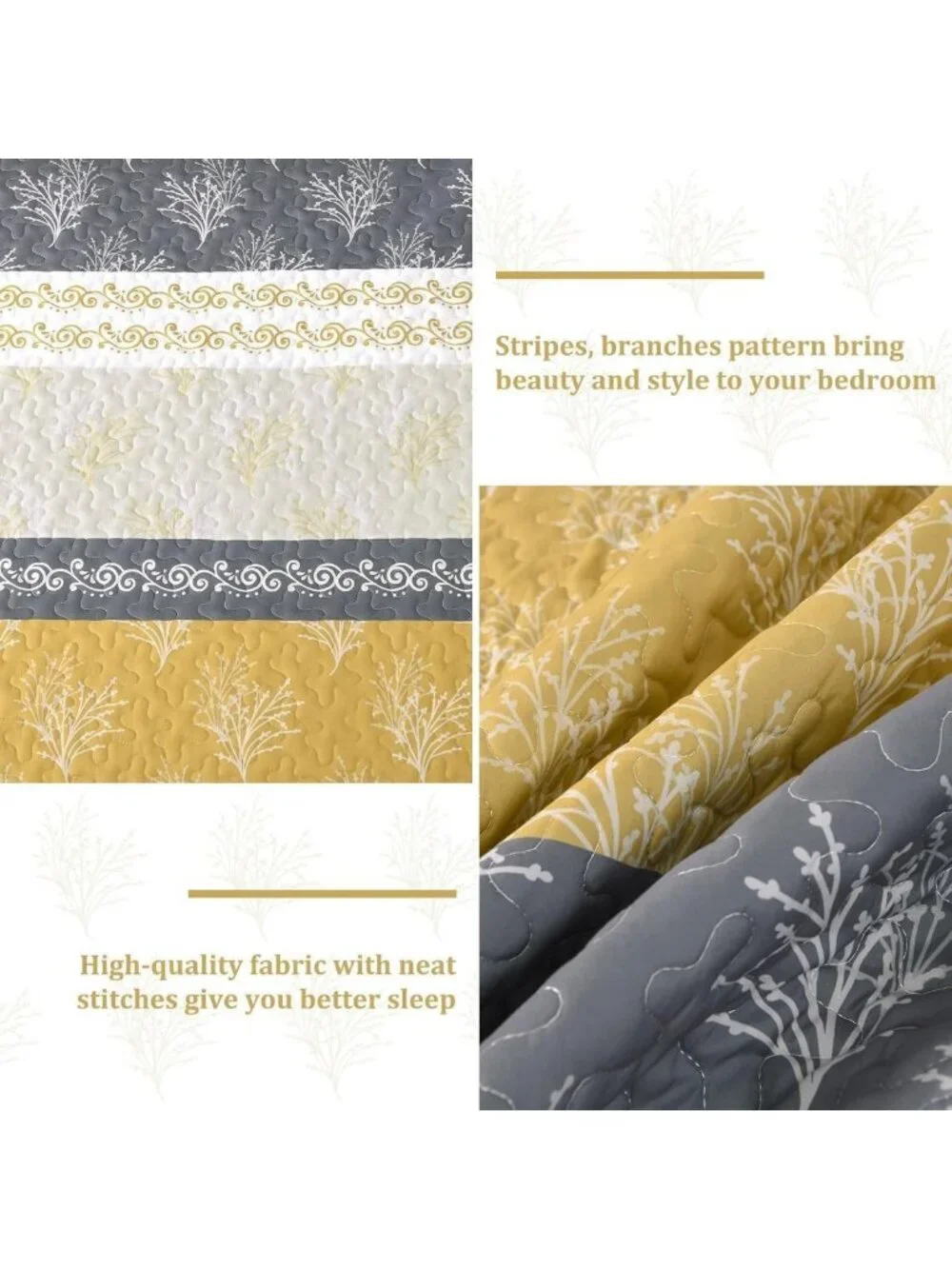 Boho Lightweight Queen Quilt Set, Striped Branch Bedspread in Yellow - Cozy